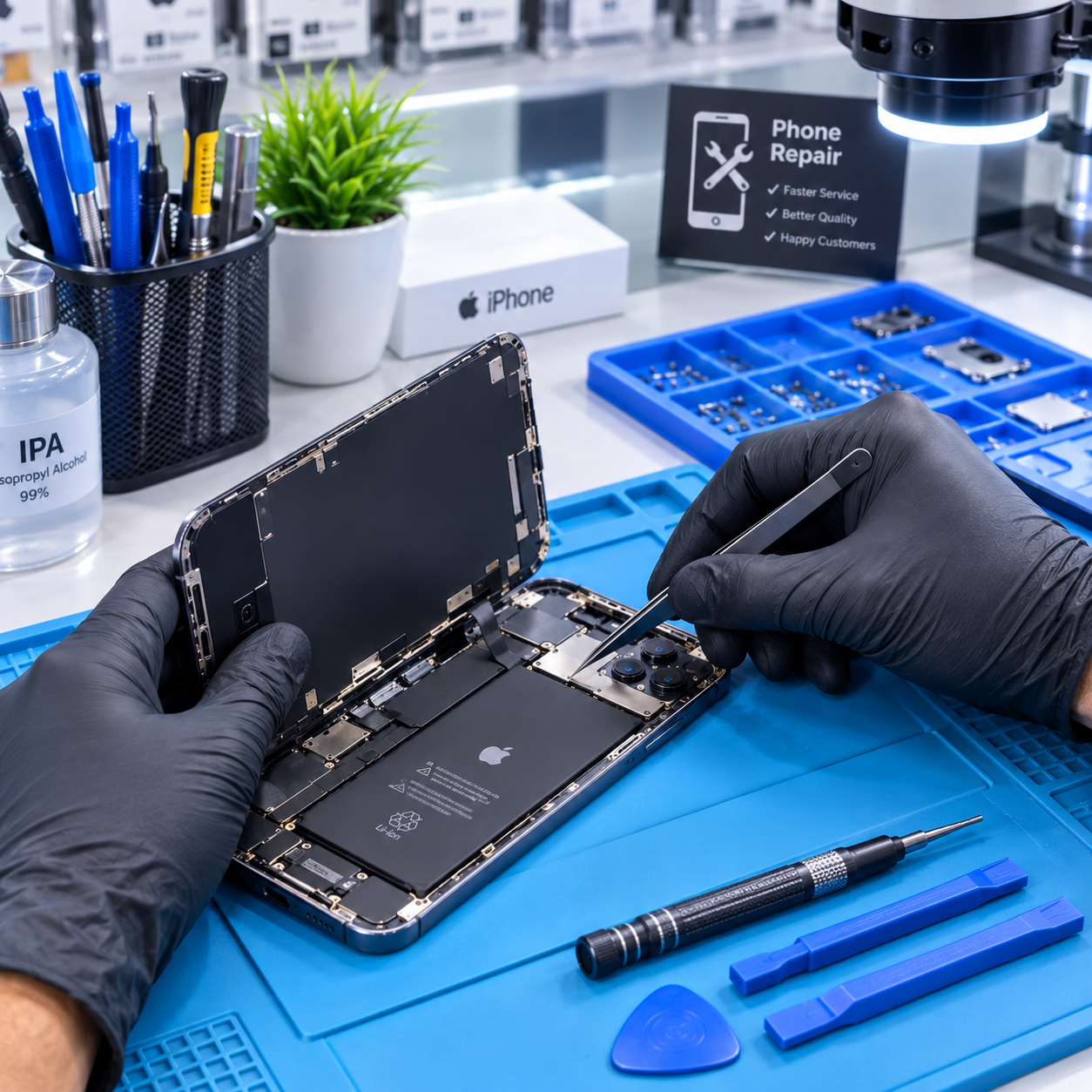 Technicien travaillant sur l'électronique d'un téléphone
